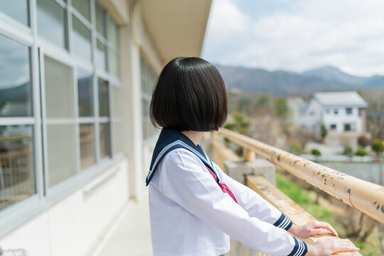 学校 ベランダ 校庭を見る女子高生