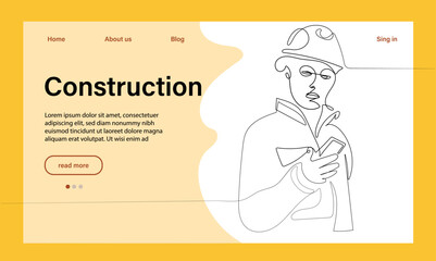 Vector landing page of architecture works with protective face masks for safety in machine industrial factory. Continuous one line drawing for your minimal design