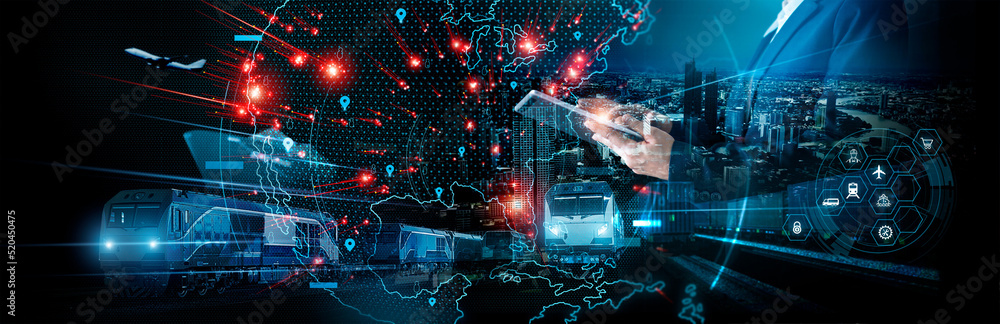 Poster Businessman using tablet on global logistic network distribution and smart transportation and networking intelligent logistics of train container cargo ship, Logistic import export and industry.