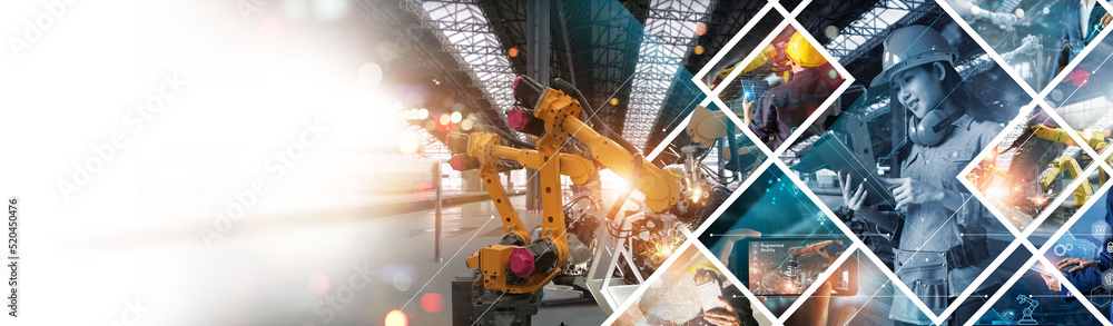 Poster .Engineer check, Analysis and control robotics automatic arms machine of digital manufacturing operation with monitoring system software. Smart robot tech. Industrial revolution. Industry 4.0