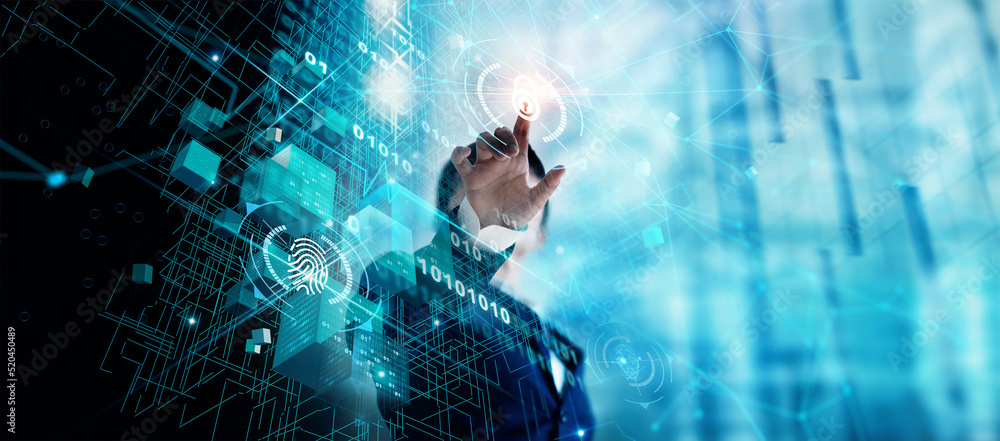 Aufkleber Cyber security network. Padlock icon and global internet technology networking. Businessman protecting data personal information. Blockchain. Biometrics. Identity and fingerprint. GDPR. EU.