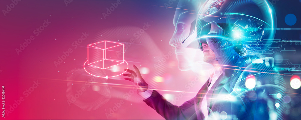 Poster metaverse technology, robot and human connected on network metaverse, technological transition betwe