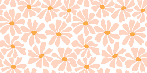Groovy daisy flower seamless pattern. Cute hand drawn floral background. - 520450457