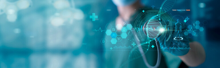 Healthcare and medical. Doctor and stethoscope touching icon DNA and digital healthcare and medical diagnosis of patient with network connection on modern hologram interface. Medical technology.