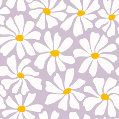 Schilderijen op glas Groovy daisy flower seamless pattern. Cute hand drawn floral background. © Oleksandra