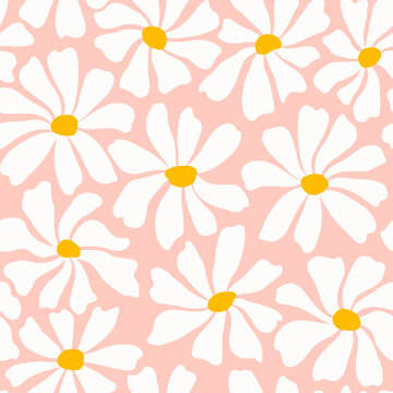 Groovy daisy flower seamless pattern. Cute hand drawn floral background.