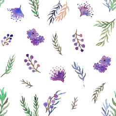Fototapeta na wymiar Watercolor hand drawn flowers, leaves and branches floral pretty shabby chic textile seamless pattern art