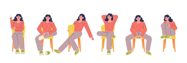 Fototapeta na wymiar Various postures of a woman sitting on a chair. flat design style vector illustration.