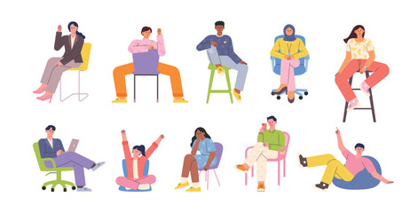 Fototapeta premium A collection of different people, different chairs, different poses. flat design style vector illustration.