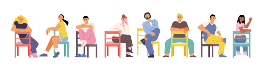 Different styles of people sitting on chairs in different postures. flat design style vector illustration. - obrazy, fototapety, plakaty