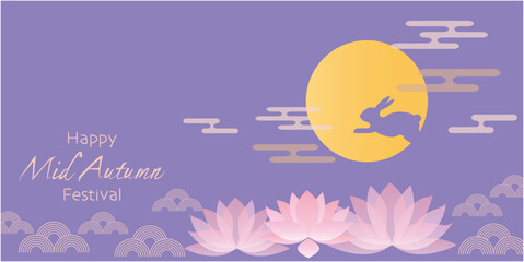 Obraz na płótnie Canvas Mid Autumn festival illustration. Chinese Traditional autumn event background. Lotus flowers, Full moon and Rabbit decoration illustration for Mid autumn festa. Vector illustration.
