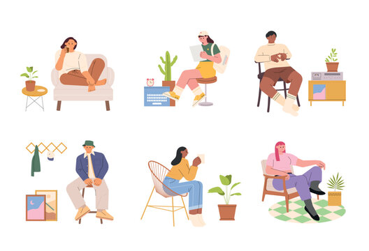 People of different styles are sitting and resting on chairs of different styles. There are interior accessories all around. flat design style vector illustration.