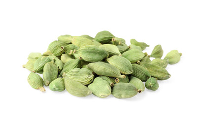 Pile of dry cardamom seeds on white background