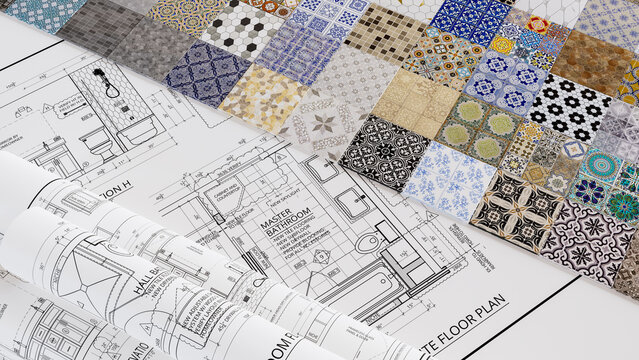 material tile color selection with blueprint plan, bathroom designs