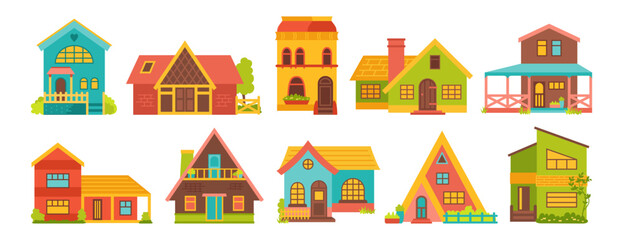 House front flat cartoon set. Various facade village or urban, small and tiny houses. Colorful modern or vintage cozy buildings. Residential homestead, cottage or villa facades apartment vector