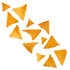 Tasty tortilla chips (nachos) falling on white background