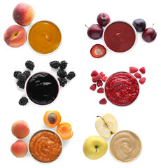 Set with different tasty fruit puree on white background, top view
