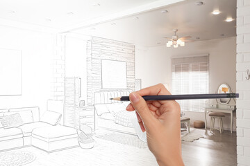 Woman drawing living room interior design, closeup. Combination of photo and sketch