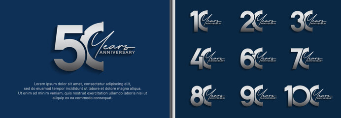 set of anniversary logo silver color on blue background for celebration moment