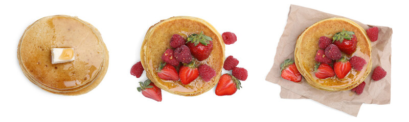 Set of tasty pancakes with fresh berries, butter and honey on white background, top view. Banner design