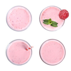 Set with tasty raspberry smoothie on white background, top view