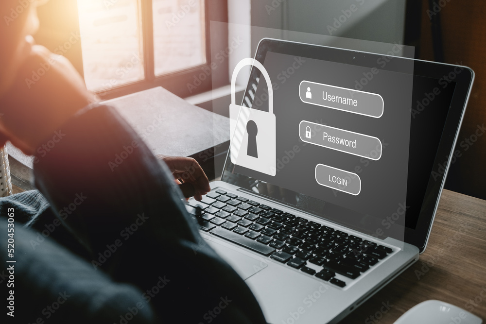 Poster woman hand typing on keyboard with login and password on screen display, cyber security concept, dat