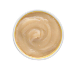 Fruit puree in bowl on white background, top view