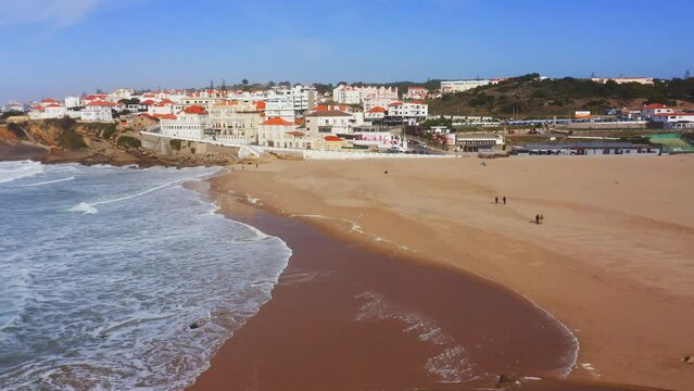 Aerial Drone View of Sandy Beach at Lisbon, Portugal at Praia das Macas, a Beautiful Coastal Town on the Atlantic Coast on Top of a Cliff, a Popular Tourist Destination in Europe