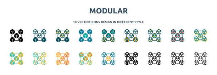 modular icon in 18 different styles such as thin line, thick line, two color, glyph, colorful, lineal color, detailed, stroke and gradient. set of modular vector for web, mobile, ui