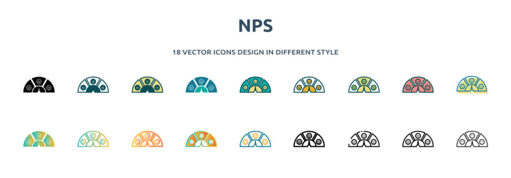 nps icon in 18 different styles such as thin line, thick line, two color, glyph, colorful, lineal color, detailed, stroke and gradient. set of nps vector for web, mobile, ui