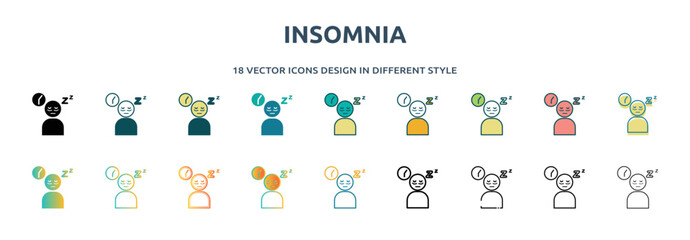 insomnia icon in 18 different styles such as thin line, thick line, two color, glyph, colorful, lineal color, detailed, stroke and gradient. set of insomnia vector for web, mobile, ui