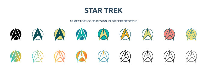 star trek icon in 18 different styles such as thin line, thick line, two color, glyph, colorful, lineal color, detailed, stroke and gradient. set of star trek vector for web, mobile, ui