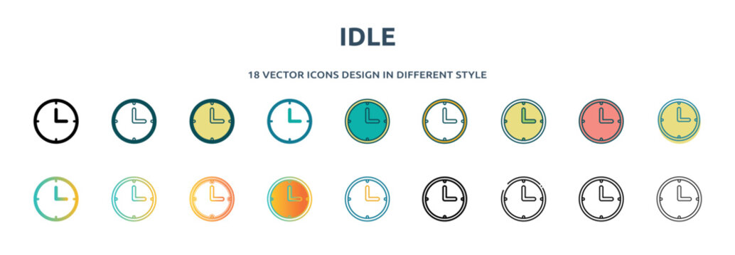idle icon in 18 different styles such as thin line, thick line, two color, glyph, colorful, lineal color, detailed, stroke and gradient. set of idle vector for web, mobile, ui