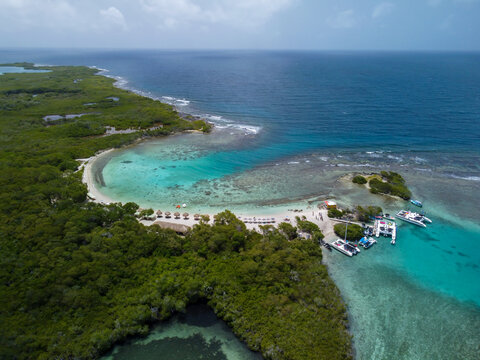Aerial image of Boca Seca islet with its crystal clear waters, located in Morrocoy National Park, Venezuela.