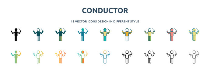 conductor icon in 18 different styles such as thin line, thick line, two color, glyph, colorful, lineal color, detailed, stroke and gradient. set of conductor vector for web, mobile, ui