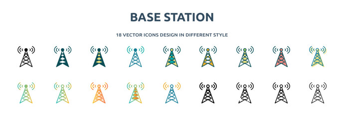 base station icon in 18 different styles such as thin line, thick line, two color, glyph, colorful, lineal color, detailed, stroke and gradient. set of base station vector for web, mobile, ui