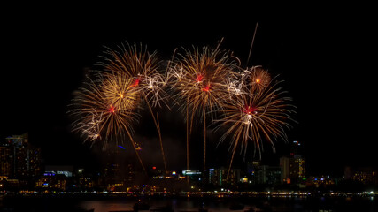 fireworks in the city. fireworks over the river. fireworks in the night sky.