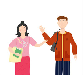 Meeting of friends of students - a guy and a girl are talking. Vector illustration isolated on white background. For flyers, covers and brochures, packaging and advertising.