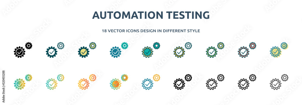 Poster automation testing icon in 18 different styles such as thin line, thick line, two color, glyph, colo