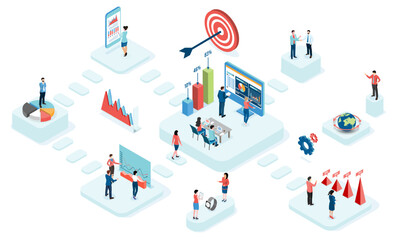 3D isometric business workflow with data Investment, Project management, business communication graphs and papers.  vector illustration eps10.