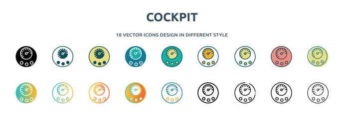 cockpit icon in 18 different styles such as thin line, thick line, two color, glyph, colorful, lineal color, detailed, stroke and gradient. set of cockpit vector for web, mobile, ui - obrazy, fototapety, plakaty
