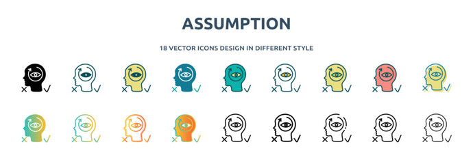 assumption icon in 18 different styles such as thin line, thick line, two color, glyph, colorful, lineal color, detailed, stroke and gradient. set of assumption vector for web, mobile, ui