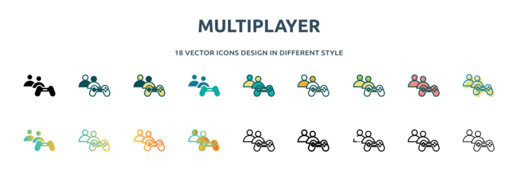 multiplayer icon in 18 different styles such as thin line, thick line, two color, glyph, colorful, lineal color, detailed, stroke and gradient. set of multiplayer vector for web, mobile, ui