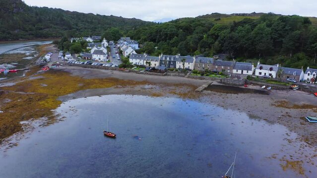Aerial Drone View of Small Town on NC500 (North Coast 500), Beautiful Scottish Highlands Landscape in Scotland, of Loch Carron, a Lake at Plockton