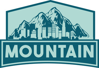 Obraz premium Mountain logo with city silhouette.Mountain tourism. vector pennant, emblem, logo, label, flyer.
