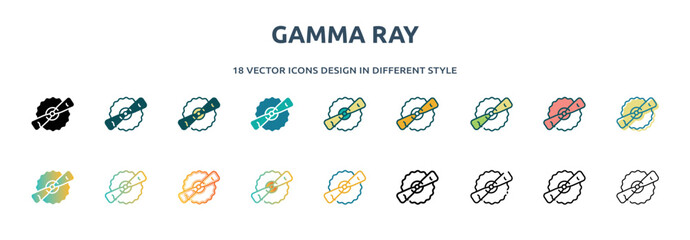 gamma ray icon in 18 different styles such as thin line, thick line, two color, glyph, colorful, lineal color, detailed, stroke and gradient. set of gamma ray vector for web, mobile, ui - obrazy, fototapety, plakaty