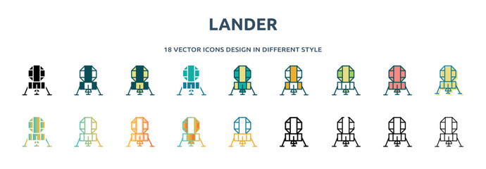 lander icon in 18 different styles such as thin line, thick line, two color, glyph, colorful, lineal color, detailed, stroke and gradient. set of lander vector for web, mobile, ui © IconArt