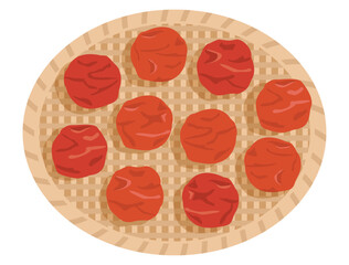 ザルの上にのせた梅干しのイラスト