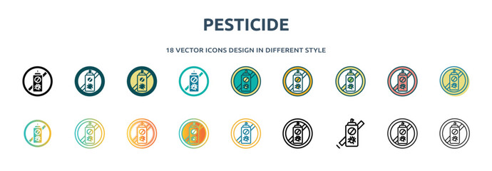 pesticide icon in 18 different styles such as thin line, thick line, two color, glyph, colorful, lineal color, detailed, stroke and gradient. set of pesticide vector for web, mobile, ui - obrazy, fototapety, plakaty