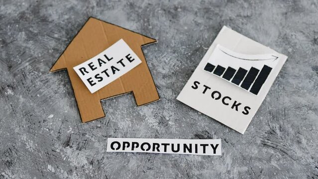 investment opportunities and building wealth, house icon next to stock market stats with text underneath